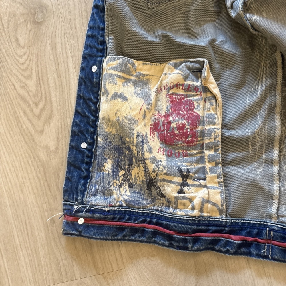 Smugglers Moon Denim Vest Men's L Distressed Painted Y2K Biker Grunge Jean - Picture 9 of 13